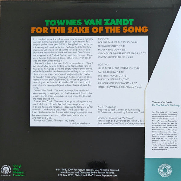 Townes Van Zandt : For The Sake Of The Song (LP, Album, Club, RE, RM, 180)