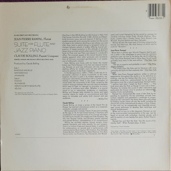 Jean-Pierre Rampal / Claude Bolling : Suite For Flute And Jazz Piano (LP, Album, RE, Car)
