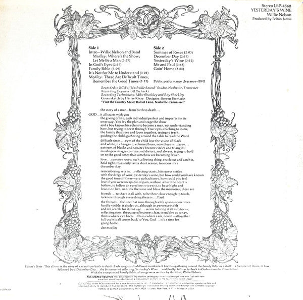 Willie Nelson : Yesterday's Wine (LP, Album, Ind)