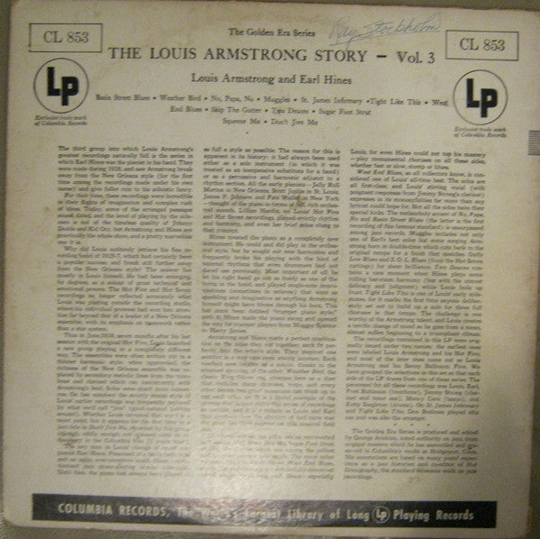 Louis Armstrong And Earl Hines : The Louis Armstrong Story (Vol. 3) (LP, Comp, Mono)