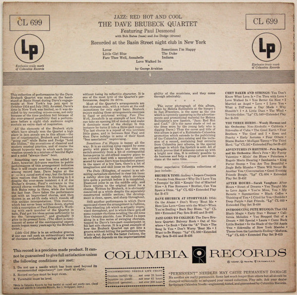 The Dave Brubeck Quartet : Jazz: Red Hot And Cool (LP, Album, Mono, Hol)