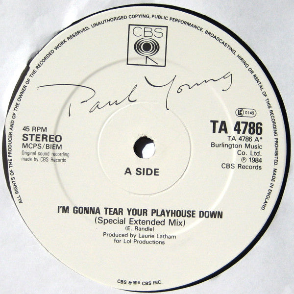 Paul Young : I'm Gonna Tear Your Playhouse Down (Special Extended Mix) (12", Single)