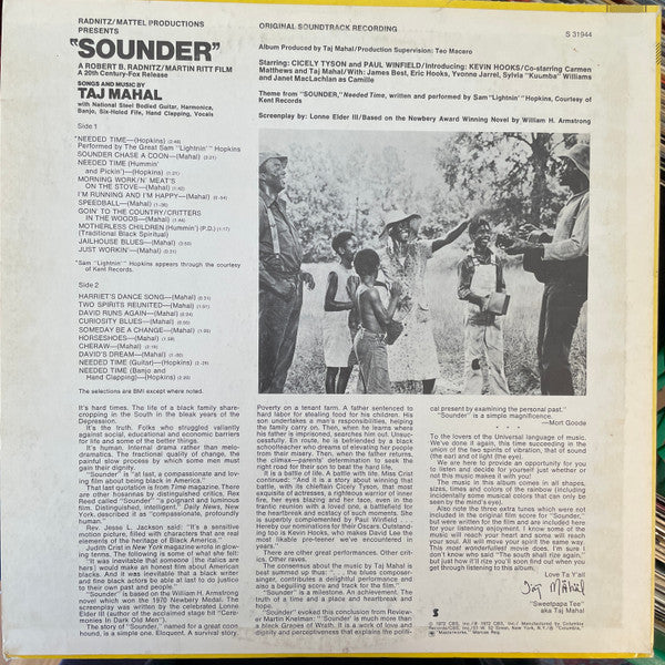 Taj Mahal : Sounder (Original Soundtrack Recording) (LP, Album, San)