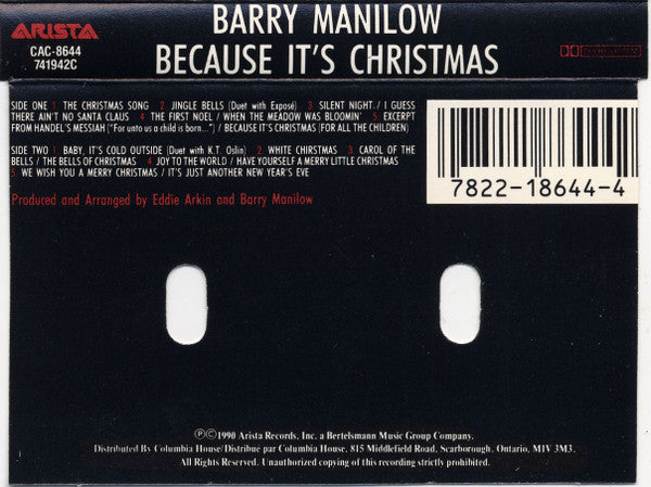 Barry Manilow : Because It's Christmas (Cass, Album, Club, Dol)