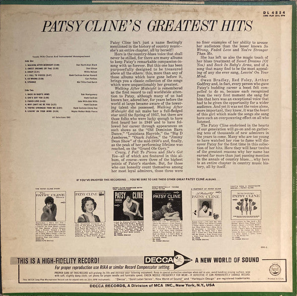 Patsy Cline : Patsy Cline's Greatest Hits (LP, Comp, Mono, Pin)