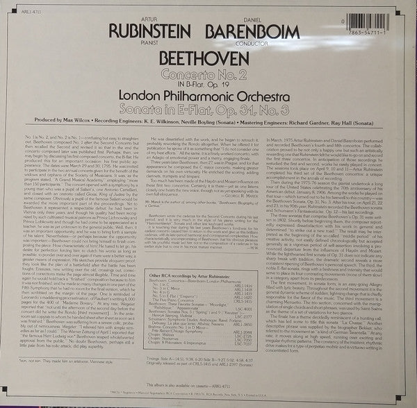 Ludwig van Beethoven, Daniel Barenboim, Arthur Rubinstein, London Philharmonic Orchestra : Concerto No.2, Sonata In E-flat Op.31 No.3 (LP, Comp, RE, Ind)