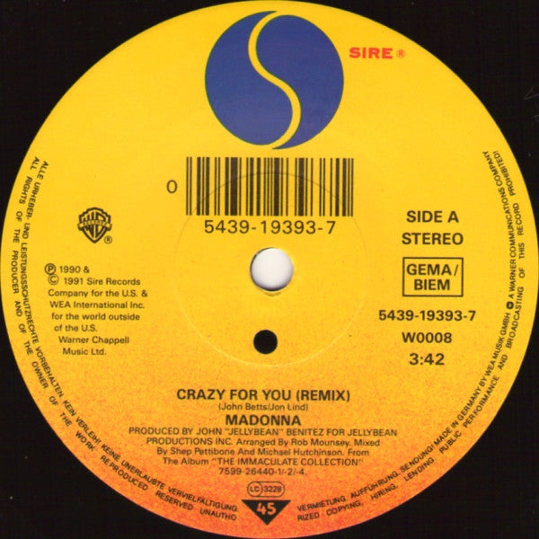 Madonna : Crazy For You (7", Single)