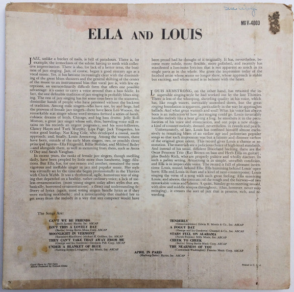 Ella Fitzgerald And Louis Armstrong : Ella And Louis (LP, Album, Mono)