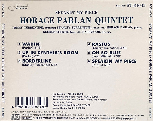 Horace Parlan Quintet : Speakin' My Piece (CD, Album, RE)