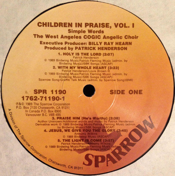 West Angeles Church Of God In Christ Angelic Choir, Clifton Davis, Fred "Re-Run" Berry, Deniece Williams, Bebe & Cece Winans, Tramaine Hawkins : Children In Praise (LP)