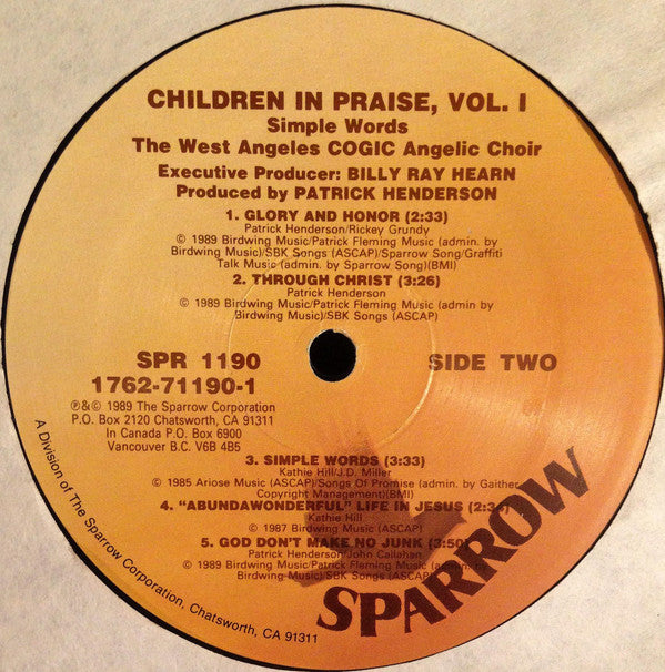 West Angeles Church Of God In Christ Angelic Choir, Clifton Davis, Fred "Re-Run" Berry, Deniece Williams, Bebe & Cece Winans, Tramaine Hawkins : Children In Praise (LP)