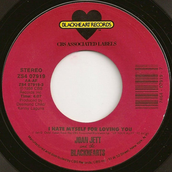 Joan Jett And The Blackhearts* : I Hate Myself For Loving You (7", Single, Styrene, Car)