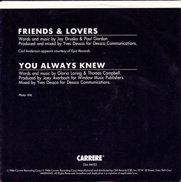 Gloria Loring &  Carl Anderson : Friends And Lovers (7", Styrene, Pit)