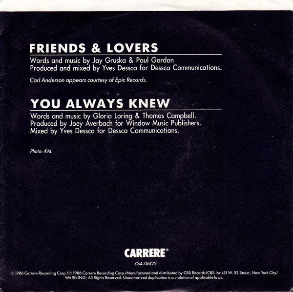 Gloria Loring &  Carl Anderson : Friends & Lovers (7", Car)