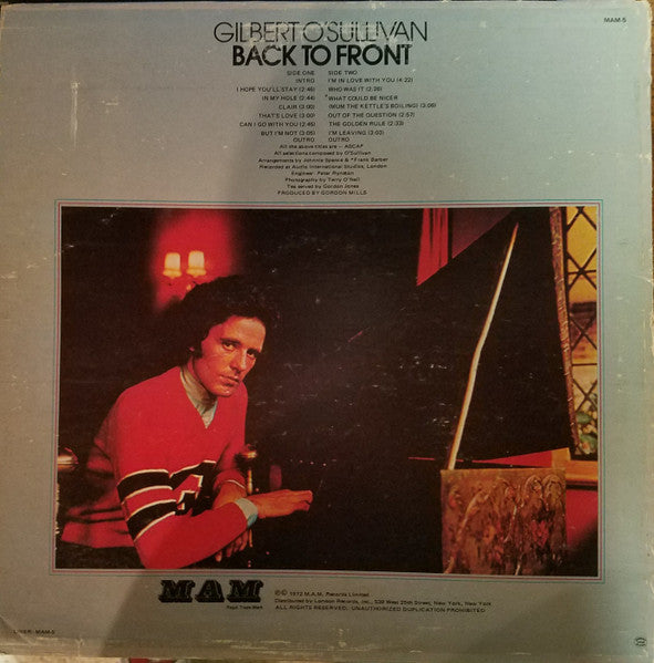 Gilbert O'Sullivan : Back To Front (LP, Album, Ter)