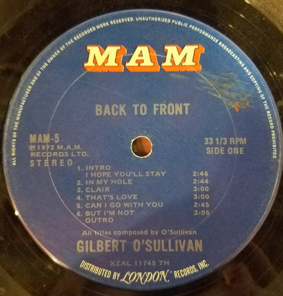 Gilbert O'Sullivan : Back To Front (LP, Album, Ter)