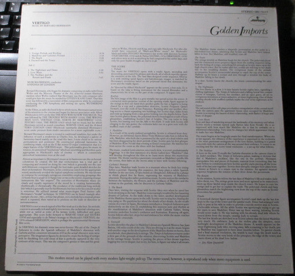 Bernard Herrmann : Bernard Herrmann's Music From Alfred Hitchcock's "Vertigo" (LP, Album, RE)