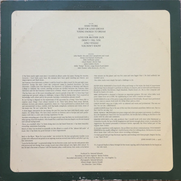 John Handy : Hard Work (LP, Album, San)