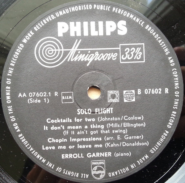 Erroll Garner : Solo Flight (10", Album)