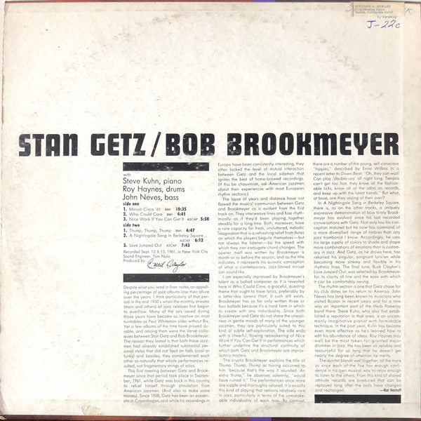 Stan Getz & Bob Brookmeyer : Recorded Fall 1961 (LP, Album)