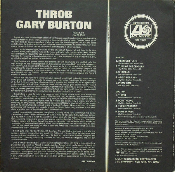 Gary Burton : Throb (LP, Album, MO )