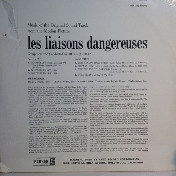 Duke Jordan : Les Liaisons Dangereuses (Music Of The Original Soundtrack From The Motion Picture) (LP, Album)
