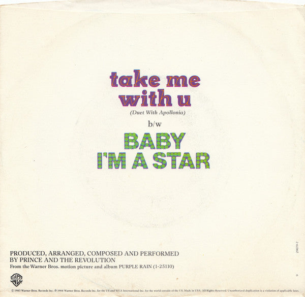Prince And The Revolution : Take Me With U (7", Single, All)