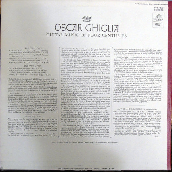 Oscar Ghiglia, Johann Sebastian Bach, Sylvius Leopold Weiss, Girolamo Frescobaldi, John Dowland, Manuel De Falla, Manuel María Ponce Cuéllar, Heitor Villa-Lobos : Guitar Music Of Four Centuries (LP, Album)