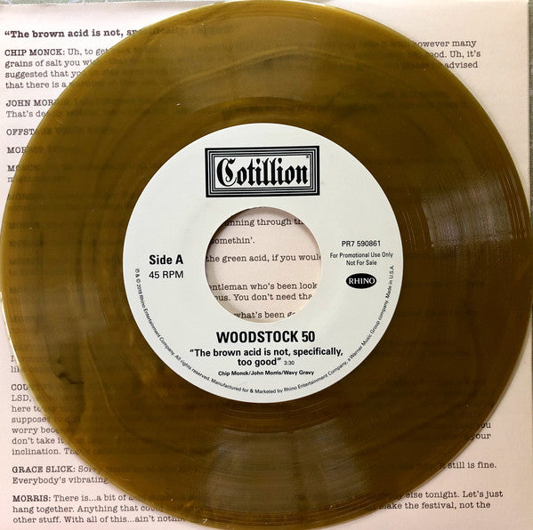Various : Woodstock 50: "The Brown Acid Is Not, Specifically, Too Good" / "Get Down Off That Tower" (7", Promo, Bro)