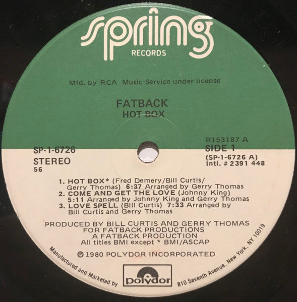The Fatback Band : Hot Box (LP, Album, Club, RCA)