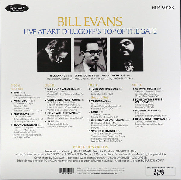 Bill Evans : Live At Art D'Lugoff's Top Of The Gate (2xLP, Album, RSD, Ltd, Num, RE, 180)