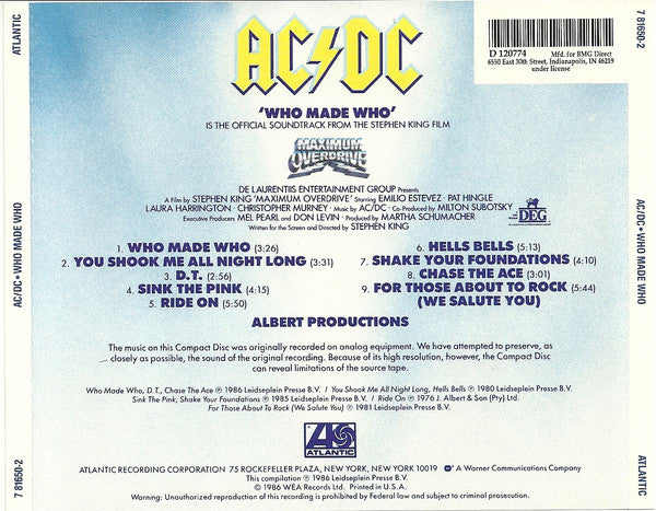 AC/DC : Who Made Who (CD, Album, Comp, Club, RE)