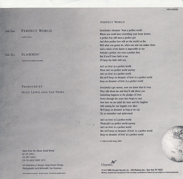 Huey Lewis & The News : Perfect World (7", Single, Styrene)