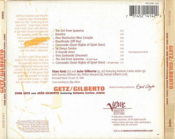 Stan Getz And João Gilberto Featuring Antonio Carlos Jobim : Getz / Gilberto (CD, Album, RE, Dig)