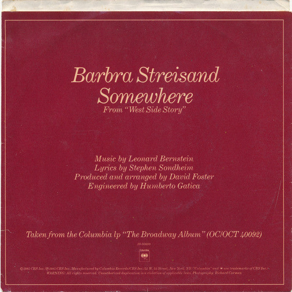 Barbra Streisand : Somewhere (7", Single, Pit)