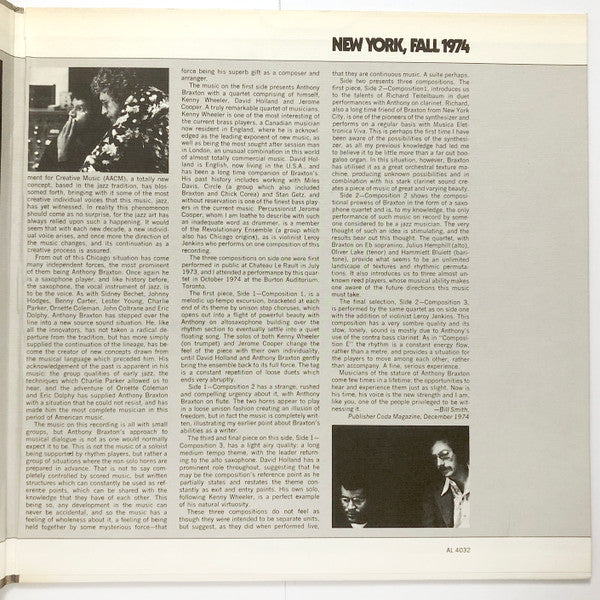 Anthony Braxton : New York, Fall 1974 (LP, Album, Bes)