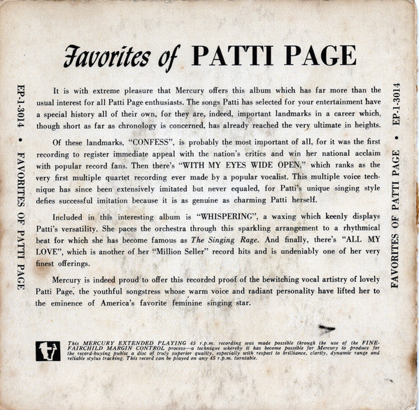 Patti Page : Favorites Of Patti Page (7", EP)