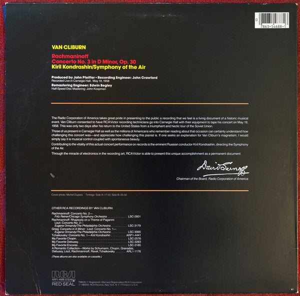 Van Cliburn / Rachmaninoff* / Symphony Of The Air, Kiril Kondrashin : Concerto No. 3 (LP, RE, RM)