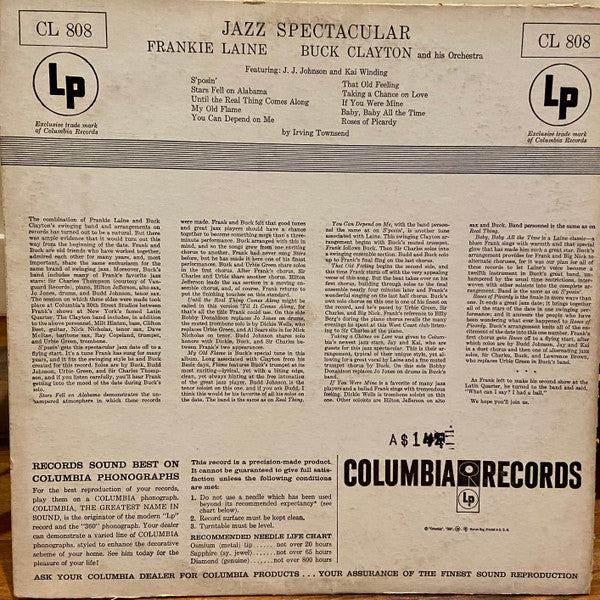 Frankie Laine And Buck Clayton And His Orchestra Featuring J.J. Johnson And Kai Winding : Jazz Spectacular (LP, Album, Mono)