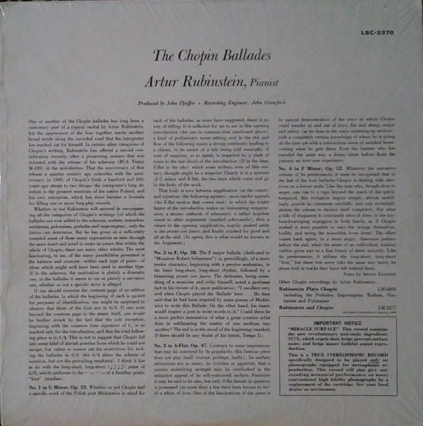 Chopin* - Rubinstein* : The Chopin Ballades (LP, RP, Ind)