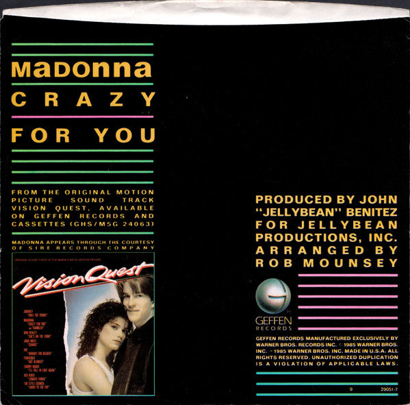 Madonna : Crazy For You (7", Single, Spe)