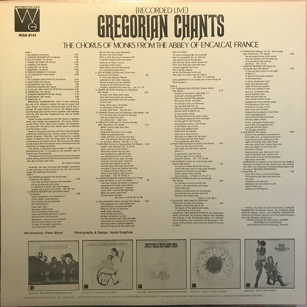 Chœur Des Moines De L'Abbaye D'En-Calcat : Gregorian Chants (Recorded Live) (LP, Album, RP)