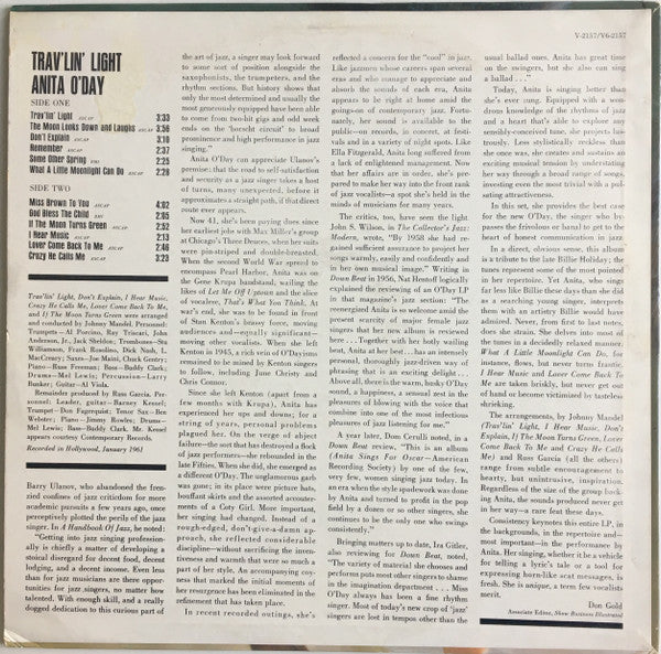 Anita O'Day : Trav'lin' Light (LP, Album, Mono)