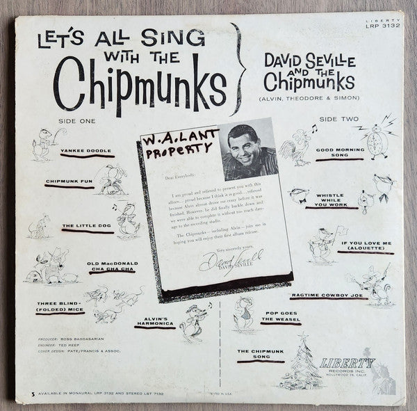 David Seville And The Chipmunks : Let's All Sing With The Chipmunks (LP, Album, Mono, Red)