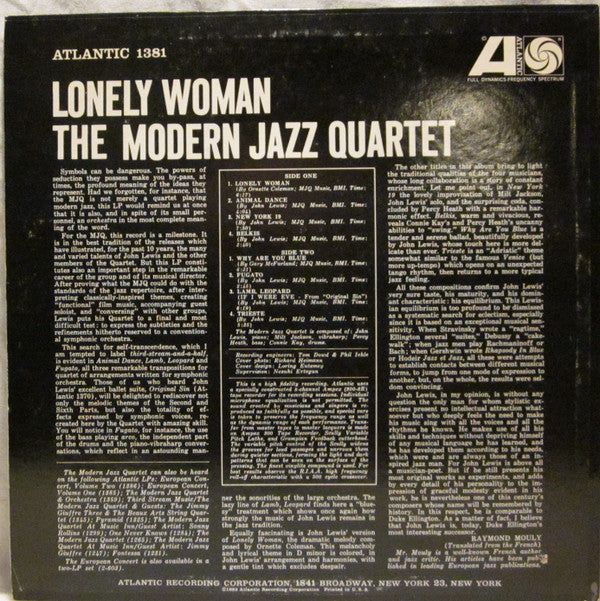 The Modern Jazz Quartet : Lonely Woman (LP, Album, Mono, MGM)