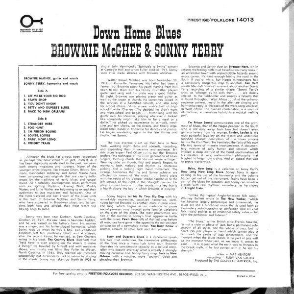 Sonny Terry & Brownie McGhee : Down Home Blues (LP, RE)