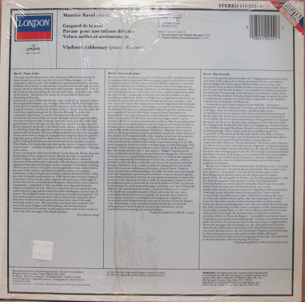 Maurice Ravel / Vladimir Ashkenazy : Gaspard De La Nuit / Pavane Pour Une Infante Defunte / Valses Nobles Et Sentimentales (LP, Album)