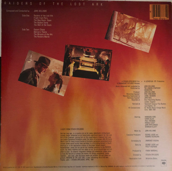 John Williams (4) : Raiders Of The Lost Ark (Original Motion Picture Soundtrack) (LP, Album, San)