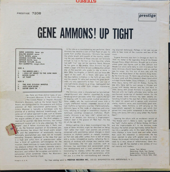 Gene Ammons : Up Tight! (LP, Album, Mono)