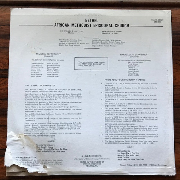 Andrew T. Holtz, Jr. : Bethel AME Church Presents Paster Andrew T. Holtz, Jr. In Song (LP)